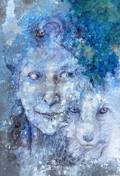 Wise shamanic woman forest goddess with fox 로열티 프리 스톡 사진