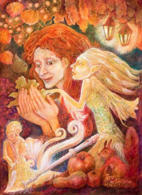 Beautiful fantasy colorful painting of a radiant orange cartoon cat playing with a peacock feather and emerald phoenix bird, eye contact