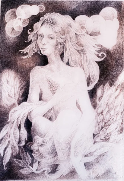 A fantasy detailed drawing of elven woman creature with leaves and wavy hair, fantasy monochromatic drawing — Stok fotoğraf