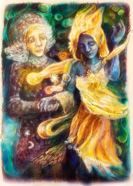 A beautiful detailed monochromatic fantasy drawing of dancing blue spirit and visionary woman