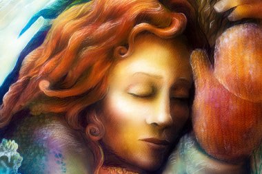 Beautiful fantasy colorful painting of a radiant dreaming  fairy woman with red hair and winter glowes by a tree trunk, with closed eyes
