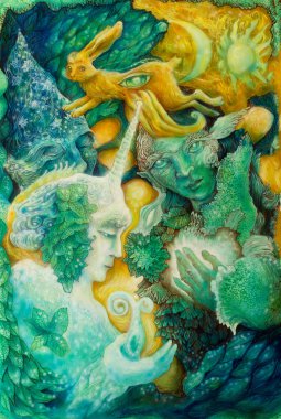 Beautiful fantasy colorful painting of a radiant elven fairy creatures and energy lights, an insight in a fairy realm