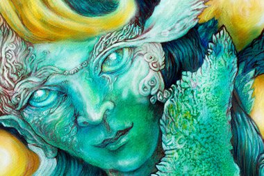 Beautiful fantasy colorful painting of a radiant elven fairy creatures and energy lights, an insight in a fairy realm, face portrait closeup