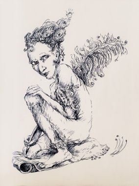 Beautiful detailed linear ornamental drawing of an elven creature as a magical writer with an ostrich feather clipart