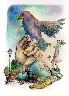 Surrealistic illustration of a hatching shaman trying to please a giant park bird, detailed intricate colorful drawing, outlined