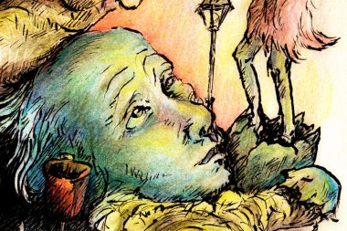Surrealistic illustration of a hatching shaman trying to please a giant park bird, detail of an egg, bench and trashcan, detailed intricate colorful drawing, outlined