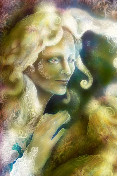 Beautiful fantasy colorful painting of a radiant elven fairy woman creature and energy lights — 스톡 사진