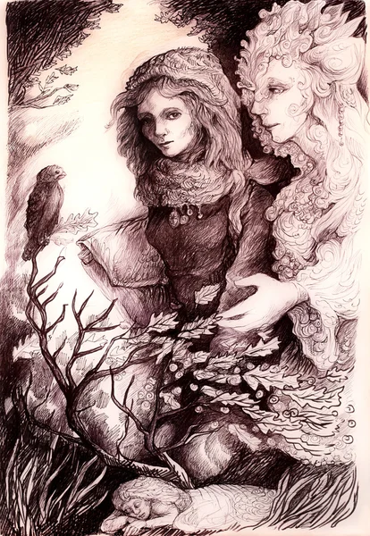 A beautiful detailed monochromatic drawing of fantasy scenery of a young girl in autumn walk conversation with her elven fairy friend, wind, bird and leaves, and all around — Stock fotografie