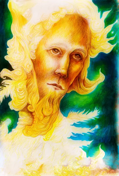Un disegno dettagliato fantasia di uomo elfo creatura d'oro e piume e discesa soleggiata, un volto uomo spirituale con piume e strutture in oro giallo — Foto Stock