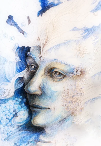 Um desenho detalhado fantasia de criatura homem elfo, homem de fadas azul rosto retrato com suaves estruturas abstratas de pérolas e penas, monocromático — Fotografia de Stock