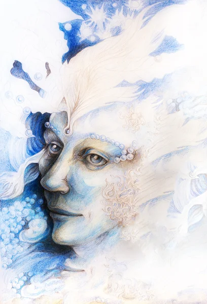 A fantasy detailed drawing of elven man creature, blue fairy man face portrait with gentle abstract structures of pearls and feathers, monochromatic — Stock Photo, Image