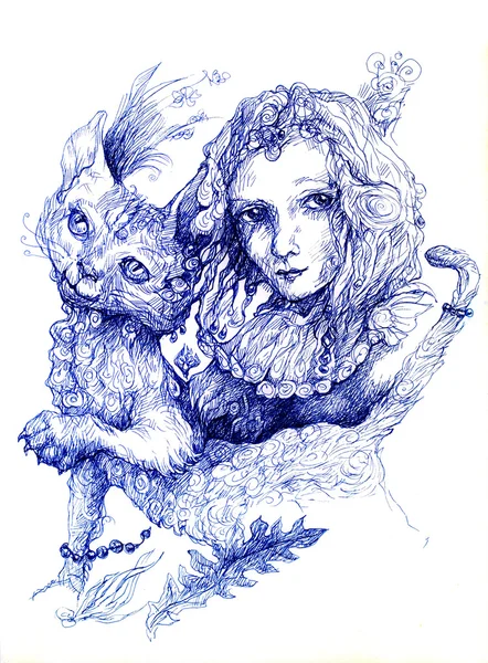 Beautiful detailed fantasy drawing of a fairy girl and a cat, ornamental monochromatic style, white background — Stock Photo, Image