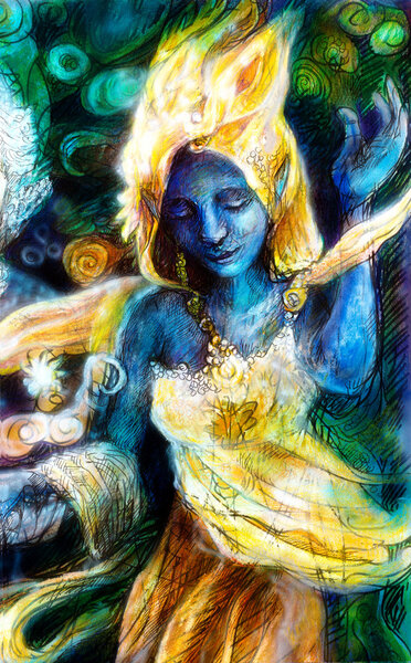 Blue dancing spirit in golden costume with energy lights, mystic fantasy painting, multicolor, abstract background