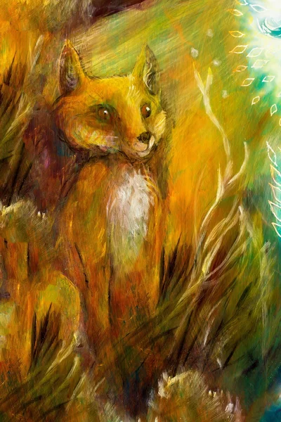 Orange fox sitting in grass in sun rays, colorful painting, abstract background — ストック写真