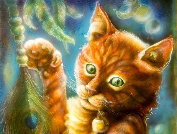 Beautiful fantasy colorful painting of a radiant orange cat head playing with a peacock feather, eye contact, head detail close up — Stock Fotó