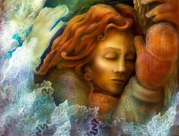 Красива фантазія барвиста картина сяючої мрійливої феї жінки з рудим волоссям і зимовим сяйвом біля стовбура дерева, з закритими очима — стокове фото