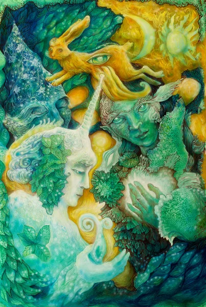 Hermosa pintura colorida fantasía de un elfo radiante criaturas de hadas y luces de energía, una visión en un reino de hadas — Foto de Stock