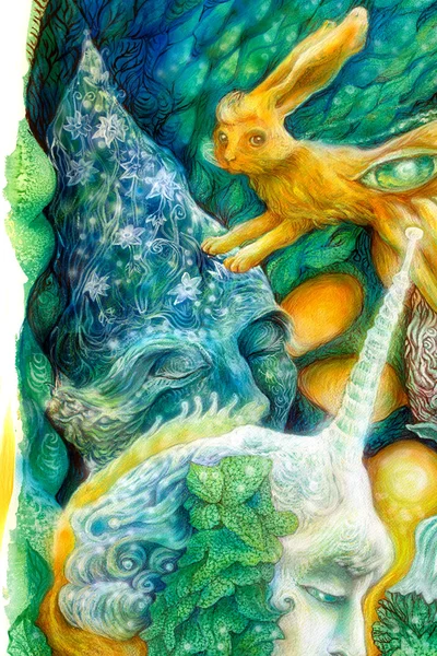 Hermosa pintura colorida fantasía de un elfo radiante criaturas de hadas y luces de energía, una visión en un reino de hadas —  Fotos de Stock