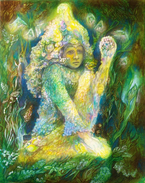 Petit esprit de fée elfique assis dans l'herbe, belle peinture colorée d'une créature elfique rayonnante et des lumières énergétiques — Photo
