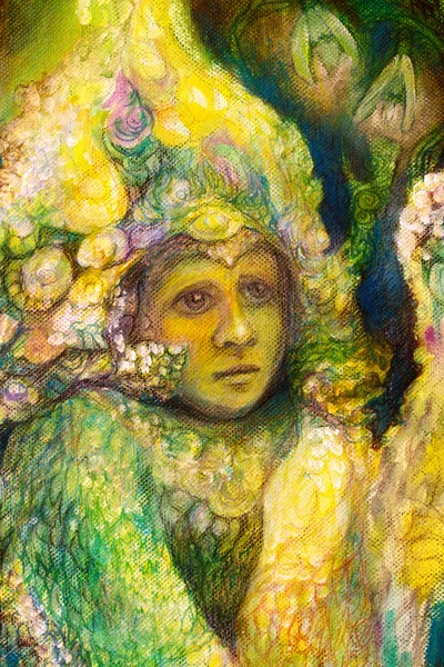 Beautiful fantasy closeup portrait of a fairy elven child, detailed intricate colorful painting, abstract pattern — Stock Photo, Image