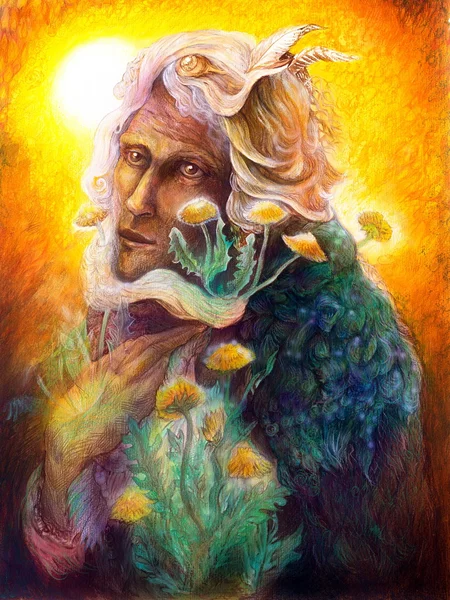 Фантастичний чоловік ельфійський портрет з кульбабою, красивий барвистий деталізований казковий живопис ельфійської істоти та енергетичні вогні — стокове фото