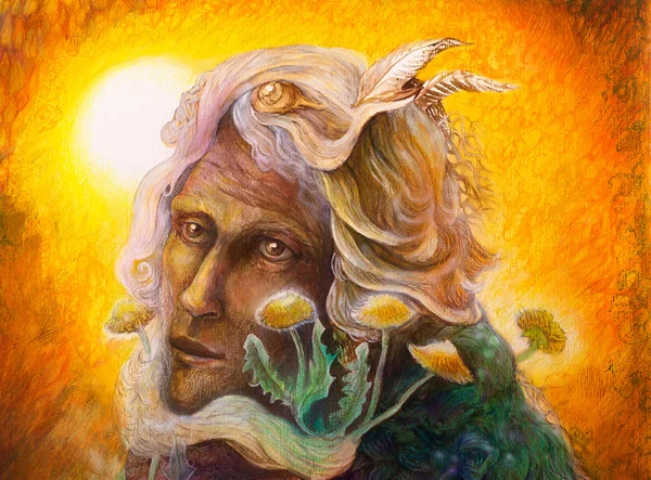 Fantasia elfo fada homem retrato com dente de leão, bela pintura colorida de uma criatura elfos e luzes de energia, close up retrato — Fotografia de Stock
