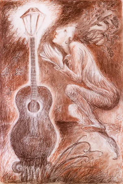 Fantasy colorful detailed monochromatic ornamental drawing of an elven fairy creature and a guitar lamp, profile portrait on abstract background — Stockfoto