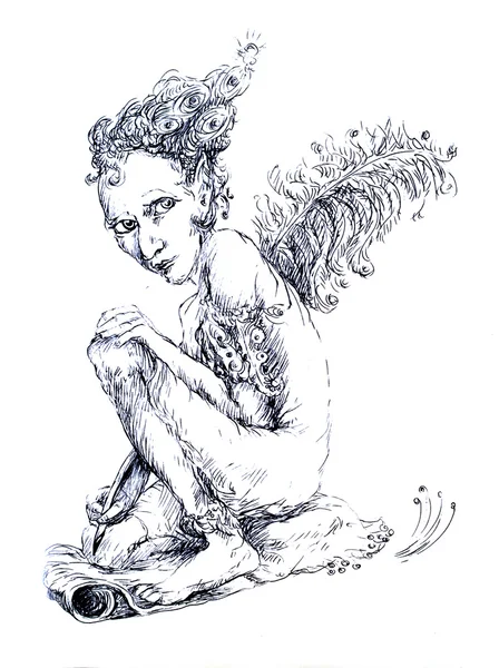 Belo desenho ornamental linear detalhado de uma criatura duende como um escritor mágico com uma pena de avestruz — Fotografia de Stock