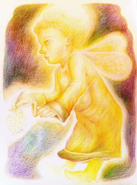 Fantasy little golden flying angel with fairy wings and a bunch of herbs in the hand, beautiful colorful painting of a radiant fantasy elven creature and energy lights — Zdjęcie stockowe