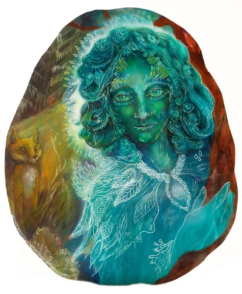 Indah warna-warni lukisan dari elven bercahaya makhluk dan lampu energi, fantasi emerald peri hijau potret, warna-warni dekat lukisan, kontak mata Stok Foto Bebas Royalti