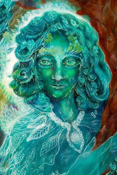 Indah warna-warni lukisan dari elven bercahaya makhluk dan lampu energi, fantasi emerald peri hijau potret, warna-warni dekat lukisan, kontak mata Stok Lukisan  