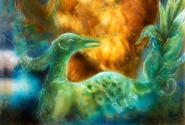 Indah warna-warni lukisan peri bercahaya burung phoenix hijau, warna-warni ornamental fantasi lukisan Stok Foto