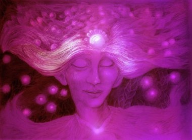 Purple god of the starry wind, ornamental detailed drawing of elven man gentle head, linear monochromatic fantasy portrait, abstract background