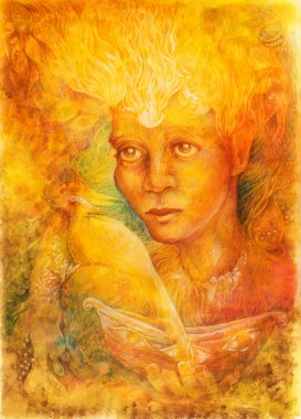 fantasy golden light fairy spirit with two phoenix birds and a boat in her hand, beautiful colorful painting of a radiant elven creatures, animals and energy lights