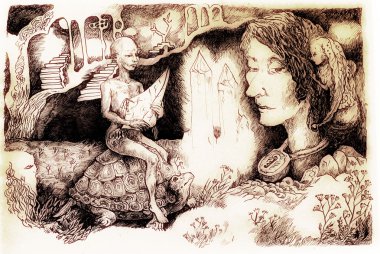 Fairy-tale illustration, crystal creature riding a tortoise and a locked up head, detailed monochromatic linear drawing