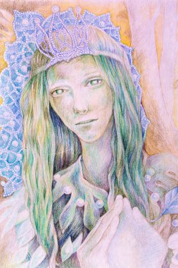 Beautiful fantasy drawing of a fairy woman forest queen with a crown of pearls and long green hair, radiant and detailed portrait