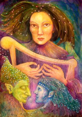 mystic woman playing a harp with a pair of fairies listening to her music, colorful detailed painting