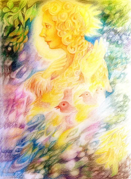 fantasy golden light fairy spirit with birds and floating leaf pattern, beautiful colorful painting of a radiant elven creatures, animals and energy lights