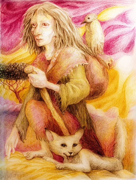 Ancient pilgrim woman with white fox and a bird, detailed colorful drawing in ocre and purple — Stock Fotó