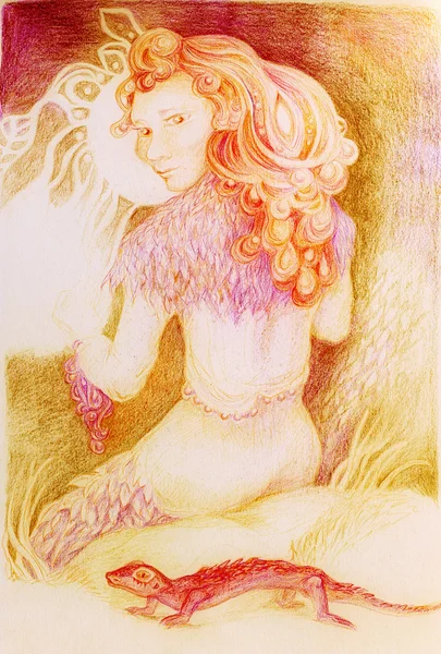 Fairy woman with a lizzard knitting from sun ray threads, detailed ornamental colorful artwork — ストック写真