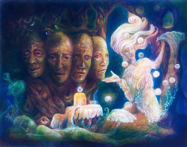 Spiritual sacred tree of four faces, beautiful colorful painting of a radiant elven creatures, animals and energy lights