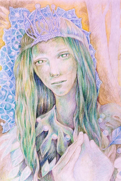 Beautiful fantasy drawing of a fairy woman forest queen with a crown of pearls and long green hair, radiant and detailed portrait — ストック写真