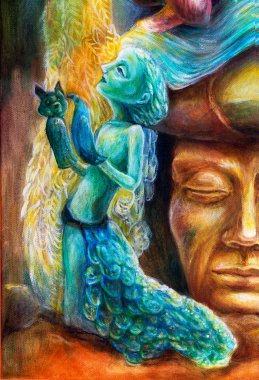 A woman story teller with puppets and protective spirits, fantasy imagination detailed colorful painting