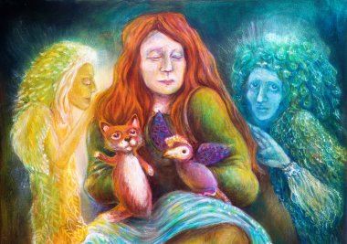 A woman story teller with puppets and protective spirits, fantasy imagination detailed colorful painting