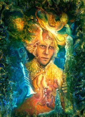 Golden sun god and blue water goddess, fantasy imagination detailed colorful painting,  with birds and flute music