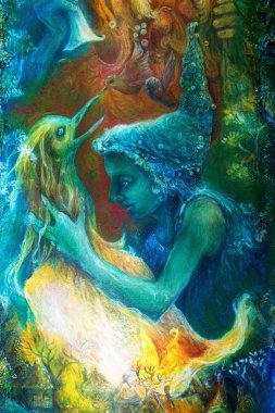 fairy child and a phoenix bird, fantasy imagination detailed colorful painting