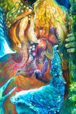 Golden sun god, blue water goddess, fairy child and a phoenix bird, fantasy imagination detailed colorful painting