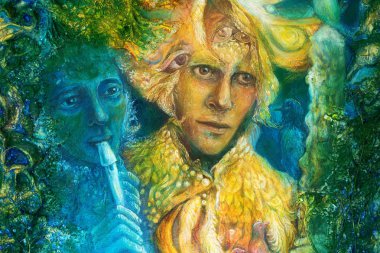 Golden sun god and blue water goddes, fantasy imagination colorful painting