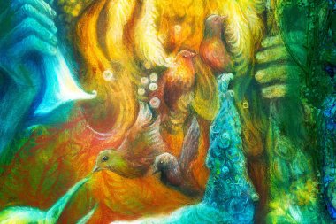 Golden sun god, blue water goddess, fairy child and a phoenix bird, fantasy imagination detailed colorful painting