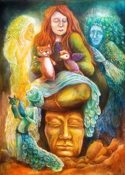 A woman story teller with puppets and protective spirits, fantasy imagination detailed colorful painting